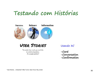 85 85
Testando com Histórias
Usando 3C
-Card
-Conversation
-Confirmation
"User Stories… Unleashed"; Mike Turner, Sean Hurst, Ray Jordan
 