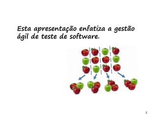 2 2
Esta apresentação enfatiza a gestão
ágil de teste de software.
emphasize
 