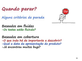 29 29
Quando parar?
Alguns critérios de parada
Baseados em fluidez
-Os testes estão fluindo?
Baseados em cobertura
-O que inda há de importante a descobrir?
-Qual a data da apresentação do produto?
-Já encontrou muitos bugs?
 