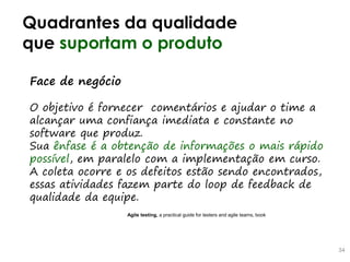 Quadrantes da qualidade
que suportam o produto
34
Face de negócio
O objetivo é fornecer comentários e ajudar o time a
alcançar uma confiança imediata e constante no
software que produz.
Sua ênfase é a obtenção de informações o mais rápido
possível, em paralelo com a implementação em curso.
A coleta ocorre e os defeitos estão sendo encontrados,
essas atividades fazem parte do loop de feedback de
qualidade da equipe.
Agile testing, a practical guide for testers and agile teams, book
 