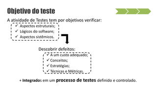 Objetivo do teste
A atividade de Testes tem por objetivos verificar:
 Aspectos estruturais;
 Lógicos do software;
 Aspectos sistêmicos.
Descobrir defeitos:
 A um custo adequado;
 Conceitos;
 Estratégias;
 Técnicas e Métricas.
+ Integrados em um processo de testes definido e controlado.
 