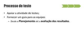 Processo de teste
• Apoiar a atividade de testes;
• Fornecer um guia para as equipes
– Desde o Planejamento até a avaliação dos resultados.
 