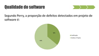 Segundo Perry, a proporção de defeitos detectados em projeto de
software é:
Qualidade do software
36%
64%
Codificação
Análise e Projeto
 