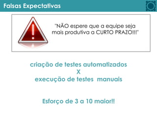 Falsas Expectativas
"NÃO espere que a equipe seja
mais produtiva a CURTO PRAZO!!!"
criação de testes automatizados
X
execução de testes manuais
Esforço de 3 a 10 maior!!
 