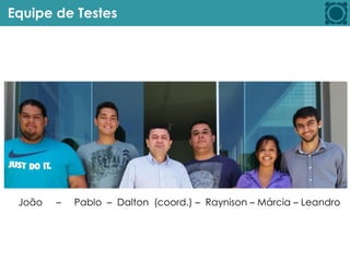 Equipe de Testes
João – Pablo – Dalton (coord.) – Raynison – Márcia – Leandro
 