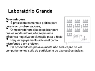 Laboratório Grande

•
Desvantagens:
     É preciso treinamento e prática para

•
gerenciar os observadores;
     O moderador precisa se policiar para
que os moderadores não sejam uma

•
influencia negativa ou distração para o teste;
     Requer equipamento adicional como

•
microfones e um projetor;
     Os observadores provavelmente não será capaz de ver
comportamentos sutis do participante ou expressões faciais.
 