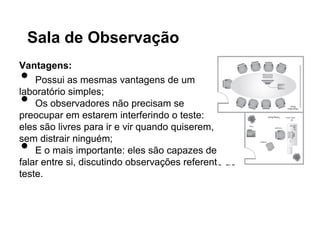Sala de Observação
Vantagens:
•   Possui as mesmas vantagens de um

•
laboratório simples;
    Os observadores não precisam se
preocupar em estarem interferindo o teste:
eles são livres para ir e vir quando quiserem,

•
sem distrair ninguém;
    E o mais importante: eles são capazes de
falar entre si, discutindo observações referente ao
teste.
 