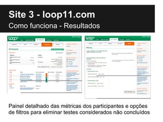 Site 3 - loop11.com
Como funciona - Resultados




Painel detalhado das métricas dos participantes e opções
de filtros para eliminar testes considerados não concluídos
 