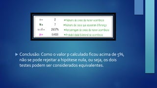  Conclusão: Como o valor p calculado ficou acima de 5%, 
não se pode rejeitar a hipótese nula, ou seja, os dois 
testes podem ser considerados equivalentes. 
 