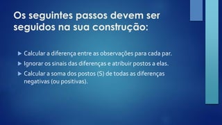 Os seguintes passos devem ser 
seguidos na sua construção: 
 Calcular a diferença entre as observações para cada par. 
 Ignorar os sinais das diferenças e atribuir postos a elas. 
 Calcular a soma dos postos (S) de todas as diferenças 
negativas (ou positivas). 
 