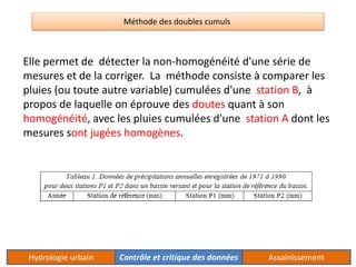 Méthode des doubles cumuls 
Elle permet de détecter la non-homogénéité d'une série de 
mesures et de la corriger. La méthode consiste à comparer les 
pluies (ou toute autre variable) cumulées d'une station B, à 
propos de laquelle on éprouve des doutes quant à son 
homogénéité, avec les pluies cumulées d'une station A dont les 
mesures sont jugées homogènes. 
Hydrologie urbain Contrôle et critique des données Assainissement 
 