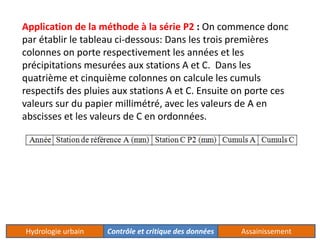 Application de la méthode à la série P2 : On commence donc 
par établir le tableau ci-dessous: Dans les trois premières 
colonnes on porte respectivement les années et les 
précipitations mesurées aux stations A et C. Dans les 
quatrième et cinquième colonnes on calcule les cumuls 
respectifs des pluies aux stations A et C. Ensuite on porte ces 
valeurs sur du papier millimétré, avec les valeurs de A en 
abscisses et les valeurs de C en ordonnées. 
Hydrologie urbain Contrôle et critique des données Assainissement 
 