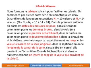 1-Test de Wilcoxon 
Nous formons le tableau suivant pour faciliter les calculs. On 
commence par diviser notre série pluviométrique en deux 
échantillons de longueurs respectives N1 = 10 valeurs et N2 = 14 
valeurs (N = N1 + N2 = 10 + 14 = 24). Dans la première colonne 
on porte les dates des mesures de pluie, dans la seconde 
colonne on porte les données brutes, dans la troisième 
colonne on porte le premier échantillon X, dans la quatrième 
colonne on porte le deuxième échantillon Y, dans la cinquième 
et la sixième colonnes on porte respectivement les rangs et les 
valeurs classées de la série originale, dans la septième colonne 
l’origine de la valeur de la série, c’est à dire on note si elle 
provient de l’échantillon X ou de l’échantillon Y et dans la 
huitième colonne on inscrit le rang de la valeur qui provient de 
la série X. 
Hydrologie urbain Contrôle et critique des données Assainissement 
 