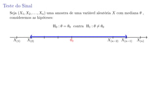 Teste do Sinal
Seja (X1, X2, . . . , Xn) uma amostra de uma variável aleatória X com mediana θ ,
consideremos as hipóteses:
H0 : θ = θ0 contra H1 : θ = θ0
X(1) X(2) θ0 X(n−2) X(n−1) X(n)
 
