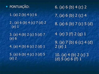    PONTUAÇÃO:                    6. (a) 6 (b) 4 (c) 2
    1. (a) 2 (b) 4 (c) 6          7. (a) 6 (b) 2 (c) 4
    2 . (a) 6 (b) 4 (c) 7 (d) 2   8. (a) 6 (b) 7 (c) 5 (d)
     (e) 1

    3. (a) 4 (b) 2 (c) 5 (d) 7    4 (e) 3 (f) 2 (g) 1
    (e) 6
                                  9. (a) 7 (b) 6 (c) 4 (d)
    4. (a) 4 (b) 6 (c) 2 (d) 1    2 (e) 1

    5. (a) 6 (b) 4 (c) 3 (d) 5    10. (a) 4 (b) 2 (c) 3
    (e) 2                         (d) 5 (e) 6 (f) 1
 