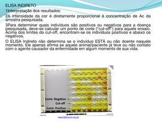 ELISA INDIRETO
1Interpretação dos resultados:
2A intensidade da cor é diretamente proporcional à concentração de Ac da
amostra pesquisada.
3Para determinar quais indivíduos são positivos ou negativos para a doença
pesquisada, deve-se calcular um ponto de corte (“cut-off”) para aquele ensaio.
Acima dos limites do cut-off, encontram-se os indivíduos positivos e abaixo os
negativos.
O ELISA Indireto não determina se o indivíduo ESTÁ ou não doente naquele
momento. Ele apenas afirma se aquele animal/paciente já teve ou não contato
com o agente causador da enfermidade em algum momento de sua vida.




                            www.labimuno.org.br
 