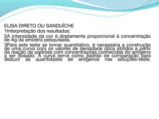 ELISA DIRETO OU SANDUÍCHE
1Interpretação dos resultados:
2A intensidade da cor é diretamente proporcional à concentração
de Ag da amostra pesquisada.
3Para este teste se tornar quantitativo, é necessária a construção
de uma curva com os valores de densidade ótica obtidos a partir
da reação de padrões com concentrações conhecidas do antígeno
a ser dosado. A curva serve como padrão de comparação para
deduzir as quantidades de antígenos nas soluções-teste.
 