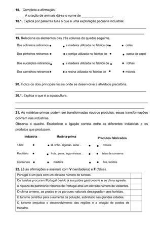 18. Completa a afirmação.
À criação de animais dá-se o nome de _________________.
18.1. Explica por palavras tuas o que é uma exploração pecuária industrial.
________________________________________________________________________
_______________________________________________________________________
19. Relaciona os elementos das três colunas do quadro seguinte.
Dos sobreiros retiramos a madeira utilizada no fabrico de colas
Dos pinheiros retiramos a cortiça utilizada no fabrico de pasta de papel
Dos eucaliptos retiramos a madeira utilizada no fabrico de rolhas
Dos carvalhos retiramos a resina utilizada no fabrico de móveis
20. Indica os dois principais locais onde se desenvolve a atividade piscatória.
________________________________________________________________________
20.1. Explica o que é a aquacultura.
_________________________________________________________________________
_______________________________________________________________________
21. As matérias-primas podem ser transformadas noutros produtos; essas transformações
ocorrem nas indústrias.
Observa o quadro. Estabelece a ligação correta entre as diferentes indústrias e os
produtos que produzem.
Indústria Matéria-prima Produtos fabricados
Têxtil lã, linho, algodão, seda… móveis
Mobiliário fruta, peixe, leguminosas… latas de conserva
Conservas madeira fios, tecidos
22. Lê as afirmações e assinala com V (verdadeira) e F (falsa).
Portugal é um país com um elevado número de turistas.
Os turistas procuram Portugal devido à sua pobre gastronomia e ao clima agreste.
A riqueza do património histórico de Portugal atrai um elevado número de visitantes.
O clima ameno, as praias e os parques naturais desagradam aos turistas.
O turismo contribui para o aumento da poluição, sobretudo nas grandes cidades.
O turismo prejudica o desenvolvimento das regiões e a criação de postos de
trabalho.
 