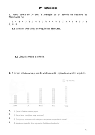IV - Estatística 
1. Numa turma do 7º ano, a avaliação do 1º período na disciplina de 
Matemática foi: 
3 4 4 4 3 2 3 4 2 3 4 4 4 4 2 3 3 4 5 4 3 3 2 
3 2 5 
1.1 Constrói uma tabela de frequências absolutas. 
1.2 Calcula a média e a moda. 
2. O tempo obtido numa prova de atletismo está registado no gráfico seguinte: 
12 
2. 
2. 
2. 
2. 
 