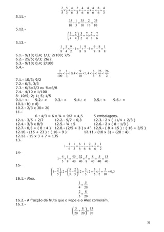 2 ´ 5 + 4 = 2 + 4 = 4 + 4 = 8 = 
4 
5 3 6 3 6 6 6 6 3 
5.11.- 
35 - 1 = 35 - 2 = 
33 
10 5 10 10 10 
5.12.- 
5 2 : 3 7 2 7 
4 4 2 4 3 6 
æ + ö = ´ = çè ø¸ 
5.13.- 
1 + 1 ´ 9 - 1 = 1 + 9 - 1 = 9 - 8 = 
1 
8 4 2 8 8 8 8 8 
6.1.- 9/10; 0,4; 1/3; 2/100; 7/5 
6.2.- 25/5; 6/3; 26/2 
6.3.- 9/10; 0,4; 2/100 
6.4.- 
2 < 1 < 0,4 < 9 < 1,4 < 6 < 25 < 
26 
100 3 10 3 5 2 
7.1.- 10/3; 9/2 
7.2.- 6/6, 3/3 
7.3.- 6/6=3/3 ou ¾=6/8 
7.4.- 4/10 e 1/100 
8- 10/5; 2; 1; 5; 1/5 
9.1.- < 9.2.- > 9.3.- > 9.4.- > 9.5.- < 9.6.- = 
10.1.- b) e d) 
10.2.- 2/3 x 30= 20 
11.- 
6 : 4/3 = 6 x ¾ = 9/2 = 4,5 5 embalagens. 
12.1.- 3/5 + 2/7 12.2.- 9/7 – 0,3 12.3.- 2 x ( 11/4 + 2/3 ) 
12.4.- 3/8 x 8/3 12.5.- ¾ : 5 12.6.- 2 x ( 8 : 1/3 ) 
12.7.- 0,5 + ( 8 : 4 ) 12.8.- (2/5 + 3 ) x 42 12.9.- ( 8 + 15 ) : ( 16 + 3/5 ) 
12.10.- (15 + 23 ) : ( 16 – 9 ) 12.11.- (18 x 3) – (20 : 4) 
12.12.- 15 x 3 + 7 = 135 
13- 
1 - 1 - 1 = 6 - 1 - 2 = 3 = 
1 
6 3 6 6 6 6 2 
14- 
1 - 4 + 1 = 40 - 32 + 5 = 8 + 5 = 
13 
5 8 40 40 8 40 40 40 
15- 
1 2 : 2 5 2 : 2 3 : 2 3 1 3 0,3 
æ ö æ ö çè - ø¸ = èç - ø¸ 
= = ´ = = 5 5 5 5 5 2 10 
16.1.- Alex. 
1 = 
5 
4 20 
2 = 
8 
5 20 
16.2.- A fracção da fruta que o Pepe e o Alex comeram. 
16.3.- 
5 8 13 
20 20 20 
æ + ö = çè ø¸ 
31 
 