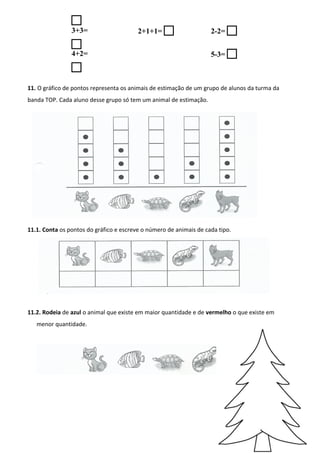 
3+3=

2+1+1=  2-2= 
4+2=

5-3= 
11. O gráfico de pontos representa os animais de estimação de um grupo de alunos da turma da
banda TOP. Cada aluno desse grupo só tem um animal de estimação.
11.1. Conta os pontos do gráfico e escreve o número de animais de cada tipo.
11.2. Rodeia de azul o animal que existe em maior quantidade e de vermelho o que existe em
menor quantidade.
4
 