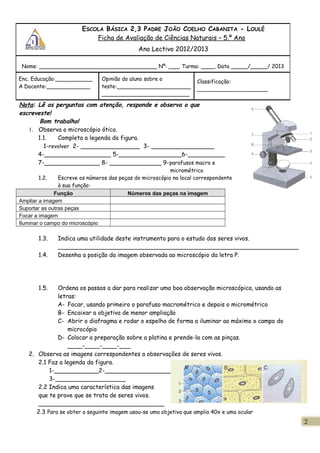 Nota: Lê as perguntas com atenção, responde e observa o que
escreveste!
Bom trabalho!
1. Observa o microscópio ótico.
1.1. Completa a legenda da figura.
1-revolver 2- ________________ 3- _________________
4-__________________ 5-_________________6-__________
7-_______________ 8- ______________ 9-parafusos macro e
micrométrico
1.2. Escreve os números das peças do microscópio no local correspondente
à sua função:
Função Números das peças na imagem
Ampliar a imagem
Suportar as outras peças
Focar a imagem
Iluminar o campo do microscópio
1.3. Indica uma utilidade deste instrumento para o estudo dos seres vivos.
_________________________________________________________________
1.4. Desenha a posição da imagem observada ao microscópio da letra P.
1.5. Ordena os passos a dar para realizar uma boa observação microscópica, usando as
letras:
A- Focar, usando primeiro o parafuso macrométrico e depois o micrométrico
B- Encaixar a objetiva de menor ampliação
C- Abrir o diafragma e rodar o espelho de forma a iluminar ao máximo o campo do
microcópio
D- Colocar a preparação sobre a platina e prende-la com as pinças.
____-____-____-___
2. Observa as imagens correspondentes a observações de seres vivos.
2.1 Faz a legenda da figura.
1-____________2-__________________
3-___________________
2.2 Indica uma característica das imagens
que te prove que se trata de seres vivos.
__________________________________
2.3 Para se obter a seguinte imagem usou-se uma objetiva que amplia 40x e uma ocular
ESCOLA BÁSICA 2,3 PADRE JOÃO COELHO CABANITA - LOULÉ
Ficha de Avaliação de Ciências Naturais – 5.º Ano
Ano Lectivo 2012/2013
Nome: ___________________________________ Nº: ___, Turma: ____, Data _____/_____/ 2013
Enc. Educação:___________
A Docente:_____________
Opinião do aluno sobre o
teste:______________________
__________________________
Classificação:
_____________________
2
 