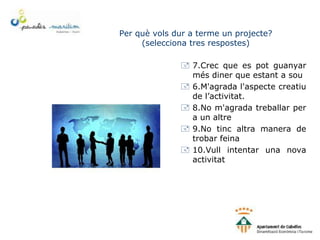Per què vols dur a terme un projecte?
(selecciona tres respostes)
 7.Crec que es pot guanyar
més diner que estant a sou
 6.M'agrada l'aspecte creatiu
de l’activitat.
 8.No m'agrada treballar per
a un altre
 9.No tinc altra manera de
trobar feina
 10.Vull intentar una nova
activitat
 