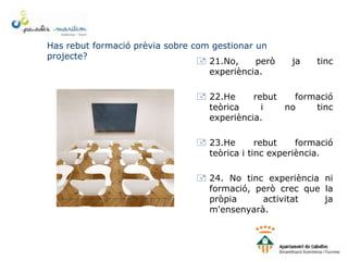Has rebut formació prèvia sobre com gestionar un
projecte?
 21.No, però ja tinc
experiència.
 22.He rebut formació
teòrica i no tinc
experiència.
 23.He rebut formació
teòrica i tinc experiència.
 24. No tinc experiència ni
formació, però crec que la
pròpia activitat ja
m'ensenyarà.
 