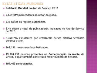 

Relatório Mundial do Ano de Serviço 2011



7.659.019 publicadores ao redor do globo.



239 países ou regiões autônomas.



2.4% sobre o total de publicadores indicados no Ano de Serviço
de 2010.



8.490.746 estudantes que realizaram cursos bíblicos semanais
durante o ano .



263.131 novos membros batizados.



19.374.737 pessoas presentes na Comemoração da Morte de
Cristo, o que também constitui o maior número da história.



109.403 congregações.

 