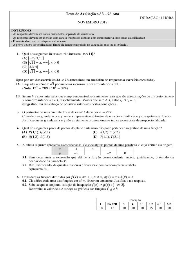 Teste N º 3 9 º Ano Matematica