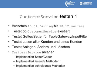 CustomerService testen 1
• Branches 10_01_failing bis 10_12_success
• Testet ob CustomerService existiert
• Testet Getter/...