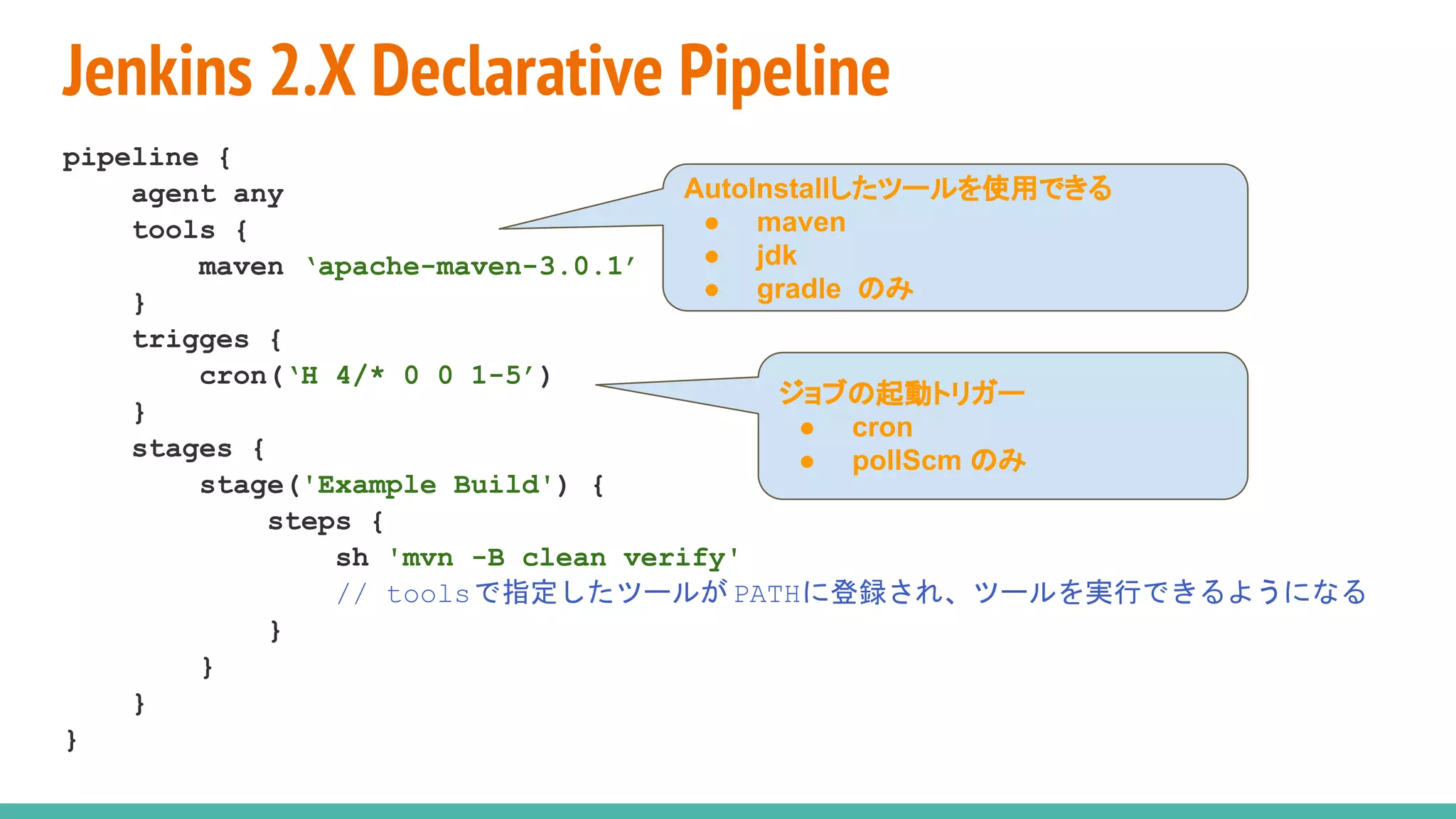 pipeline {
agent any
tools {
maven ‘apache-maven-3.0.1’
}
trigges {
cron(‘H 4/* 0 0 1-5’)
}
stages {
stage('Example Build') {
steps {
sh 'mvn -B clean verify'
// toolsで指定したツールが PATHに登録され、ツールを実行できるようになる
}
}
}
}
Jenkins 2.X Declarative Pipeline
AutoInstallしたツールを使用できる
● maven
● jdk
● gradle のみ
ジョブの起動トリガー
● cron
● pollScm のみ
 