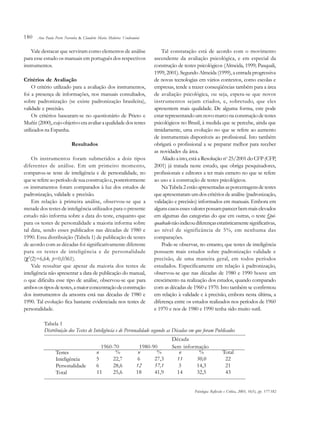 180
Vale destacar que serviram como elementos de análise
para esse estudo os manuais em português dos respectivos
instrumentos.
Critérios de Avaliação
O critério utilizado para a avaliação dos instrumentos,
foi a presença de informações, nos manuais consultados,
sobre padronização (se existe padronização brasileira),
validade e precisão.
Os critérios basearam-se no questionário de Prieto e
Muñiz(2000),cujoobjetivoeraavaliaraqualidadedostestes
utilizados na Espanha.
Resultados
Os instrumentos foram submetidos a dois tipos
diferentes de análise. Em um primeiro momento,
comparou-se teste de inteligência e de personalidade, no
queserefereaoperíododesuaconstruçãoe, posteriormente
os instrumentos foram comparados à luz dos estudos de
padronização, validade e precisão.
Em relação à primeira análise, observou-se que a
metade dos testes de inteligência utilizados para o presente
estudo não informa sobre a data do teste, enquanto que
para os testes de personalidade a maioria informa sobre
tal data, sendo esses publicados nas décadas de 1980 e
1990. Essa distribuição (Tabela 1) de publicação de testes
de acordo com as décadas foi significativamente diferente
para os testes de inteligência e de personalidade
(χ2
(2)=6,64; p=0,0361).
Vale ressaltar que apesar da maioria dos testes de
inteligência não apresentar a data de publicação do manual,
o que dificulta esse tipo de análise, observou-se que para
ambosostiposdetestes,amaiorconcentraçãodeconstrução
dos instrumentos da amostra está nas décadas de 1980 e
1990. Tal evolução fica bastante evidenciada nos testes de
personalidade.
Tal constatação está de acordo com o movimento
ascendente da avaliação psicológica, e em especial da
construção de testes psicológicos (Almeida, 1999; Pasquali,
1999, 2001). Segundo Almeida (1999), a entrada progressiva
de novas tecnologias em vários contextos, como escolas e
empresas, tende a trazer conseqüências também para a área
de avaliação psicológica, ou seja, espera-se que novos
instrumentos sejam criados, e, sobretudo, que eles
apresentem mais qualidade. De alguma forma, este pode
estar representandoum novomarconaconstruçãodetestes
psicológicos no Brasil, à medida que se percebe, ainda que
timidamente, uma evolução no que se refere ao aumento
de instrumentais disponíveis ao profissional. Isto também
obrigará o profissional a se preparar melhor para receber
as novidades da área.
Aliado a isto, está a Resolução no
25/2001 do CFP (CFP,
2001) já tratada neste estudo, que obriga pesquisadores,
profissionais e editores a ter mais esmero no que se refere
ao uso e à construção de testes psicológicos.
Na Tabela2estãoapresentadasasporcentagensdetestes
que apresentaram um dos critérios de análise (padronização,
validação e precisão) informados em manuais. Embora em
algunscasosessesvalorespossamparecerbemmaiselevados
em algumas das categorias do que em outras, o teste Qui-
quadradonãoindicoudiferençasestatisticamentesignificativas,
ao nível de significância de 5%, em nenhuma das
comparações.
Pode-se observar, no entanto, que testes de inteligência
possuem mais estudos sobre padronização validade e
precisão, de uma maneira geral, em todos períodos
estudados. Especificamente em relação à padronização,
observou-se que nas décadas de 1980 e 1990 houve um
crescimento na realização dos estudos, quando comparado
com as décadas de 1960 e 1970. Isto também se confirmou
em relação à validade e à precisão, embora nesta última, a
diferença entre os estudos realizados nos períodos de 1960
e 1970 e nos de 1980 e 1990 tenha sido muito sutil.
Tabela 1
Distribuição dos Testes de Inteligência e de Personalidade segundo as Décadas em que foram Publicados
Testes
Inteligência
Personalidade
Total
Década
1960-70
n
5
6
11
%
22,7
28,6
25,6
1980-90
n
6
12
18
%
27,3
57,1
41,9
Sem informação
n
11
3
14
%
50,0
14,3
32,5
Total
22
21
43
Psicologia: Reflexão e Crítica, 2003, 16(1), pp. 177-182
Ana Paula Porto Noronha & Claudette Maria Medeiros Vendramini
 