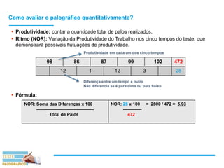 Como avaliar o palográfico quantitativamente?
 Produtividade: contar a quantidade total de palos realizados.
 Ritmo (NOR): Variação da Produtividade do Trabalho nos cinco tempos do teste, que
demonstrará possíveis flutuações de produtividade.
 Fórmula:
98 86 87 99 102 472
12 1 12 3 28
Produtividade em cada um dos cinco tempos
Diferença entre um tempo e outro
Não diferencia se é para cima ou para baixo
NOR: Soma das Diferenças x 100
----------------------------------------
Total de Palos
NOR: 28 x 100 = 2800 / 472 = 5,93
-------------
472
 