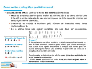 Como avaliar o palográfico qualitativamente?
 Distância entre linhas: Verificar a média das distâncias entre linhas
 Mede-se a distância entre o ponto inferior do primeiro palo e do último palo de uma
linha até o ponto mais alto do palo correspondente da linha seguinte, mesmo que
esteja ligeiramente deslocado.
 Somam-se os valores e divide-se pelo número de intervalos entre linhas
multiplicado por 2.
 Se a última linha não estiver completa, ela não deve ser considerada.
O que é?
A distância entre as linhas simboliza o relacionamento interpessoal, ou
seja a maior ou menor distância que o sujeito quer manter em relação
aos outros. Está ligado diretamente a direção das linhas, pois um
sujeito conseguirá manter uma distância regular entre as linhas se a
direção estiver também alinhada.
Quanto maior a distância entre a linha, mais distante o sujeito tende
a ser nos relacionamentos.
Quanto menor a distância da linha, mais próximo o sujeito tende a
ser em seus relacionamentos.
Intervalos da Esquerda:
7 + 3 + 4 + 2 = 16
Intervalos da Direita:
6 + 4 + 4 + 5 = 19
4 intervalos medidos
4 x 2 = 8
16 + 19 = 35 / 8 = 4,3
 
