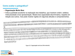 Como avaliar o palográfico?
 Organização Muito Boa:
 Indica qualidade excelente na realização dos trabalhos, que mostram ordem, estética,
meticulosidade e boa apresentação. Mostra boa capacidade discriminativa, respeito em
relação aos outros, mas pode mostrar rigidez em algumas atitudes e comportamentos.
 