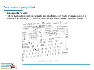 Como avaliar o palográfico?
 Organização Regular:
 Reflete qualidade regular na execução das atividades, sem muita preocupação com a
ordem e a apresentação do trabalho, mostra certa dificuldade em relação a limites.
 