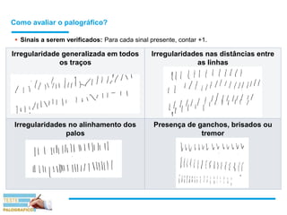 Como avaliar o palográfico?
 Sinais a serem verificados: Para cada sinal presente, contar +1.
Irregularidade generalizada em todos
os traços
Irregularidades nas distâncias entre
as linhas
Irregularidades no alinhamento dos
palos
Presença de ganchos, brisados ou
tremor
 