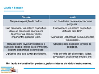 Laudo x Síntese
Síntese Laudo
Simples exposição de dados. Uso dos dados para responder uma
pergunta.
Não precisa ter um roteiro específico,
deve-se preocupar apenas em
descrever as características
importantes daquele teste.
É necessário um roteiro específico,
definido pelo CFP.
“Manual de Elaboração de Documentos
Psicológicos”.
Utilizado para levantar hipóteses e
subsidiar ações (dados para entrevista,
ou para elaboração de um laudo)
Utilizado para subsidiar tomada de
decisões.
O público alvo são outros psicólogos. Pode ser lido por psicólogos, juízes,
advogados, assistentes sociais, etc.
Um laudo é constituído, portanto, pelas sínteses de vários instrumentos.
 