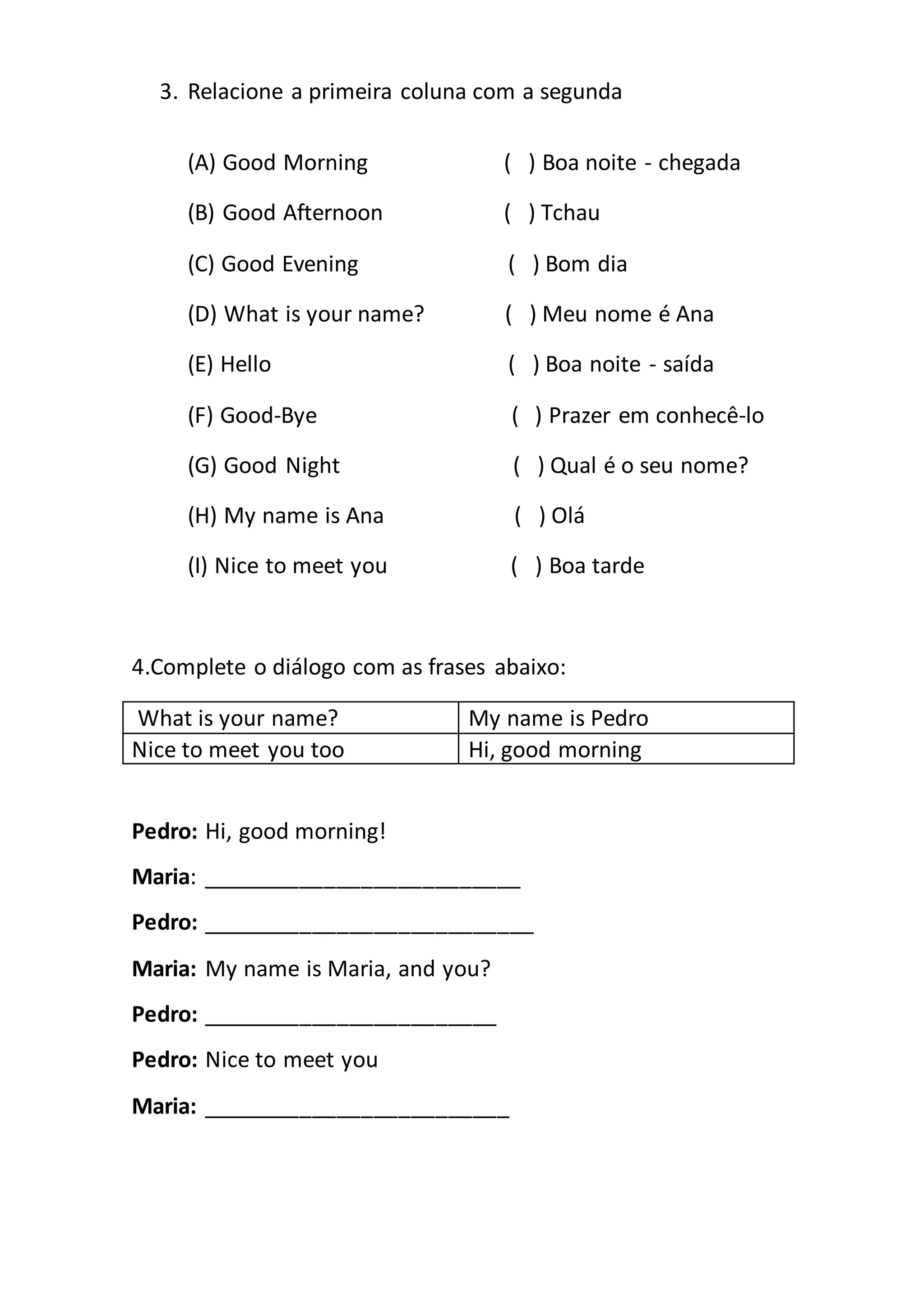 Teste de inglês para o 3 ano | DOCX