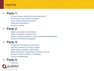 Agenda

•  Parte 1:
     –    Por que os testes de perfomance são importantes?
     –    Performance: Carga, Volume e Estresse
     –    O que o teste de performance não é
     –    Visão geral da arquitetura
     –    Termos e conceitos

•  Parte 2:
     –    Objetivos dos testes de performance
     –    Validar os requisitos de performance
     –    Validar o impacto da adição de novas funcionalidades (Regressão)
     –    Descobrir os bottlenecks (gargalos)

•  Parte 3:
     –    Planejamento dos testes de performance
     –    Identificar workload e criar casos de teste
     –    Definir métricas, baseline e benchmarks
     –    Definir ferramentas, infra-estrutura e recursos humanos
     –    Executar os testes e analisar os resultados
     –    Tuning e troubleshooting

•  Parte 4:
     –    Exercícios



www.qualister.com.br
 