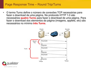 Page Response Time – Round Trip/Turns

•  O termo Turns define o número de conexões TCP necessárias para
   fazer o download de uma página. No protocolo HTTP 1.0 são
   necessários quatro Turns para fazer o download de uma página. Para
   fazer o download dos elementos da página (imagens, applets, etc) são
   necessários no mínimo três Turns.




 www.qualister.com.br
 