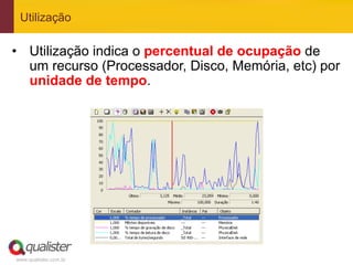 Utilização

•  Utilização indica o percentual de ocupação de
   um recurso (Processador, Disco, Memória, etc) por
   unidade de tempo.




www.qualister.com.br
 