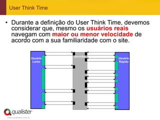 User Think Time

•  Durante a definição do User Think Time, devemos
   considerar que, mesmo os usuários reais
   navegam com maior ou menor velocidade de
   acordo com a sua familiaridade com o site.




www.qualister.com.br
 