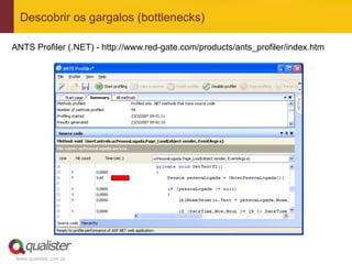Descobrir os gargalos (bottlenecks)

ANTS Profiler (.NET) - http://www.red-gate.com/products/ants_profiler/index.htm




 www.qualister.com.br
 