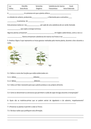 A __________________ é o processo em que a planta utiliza a _________________________
e o dióxido de carbono, produzindo___________________ e libertando para a atmosfera ____
___________ na presença de ___________________.
Este processo realiza-se nas_______________ , por ação de uma substância de cor verde chamada
_______________, que capta a energia luminosa.
Algumas plantas armazenam ________________________________ em órgãos subterrâneos, como a raiz e o
_________________. Outras armazenam substâncias de reserva nos frutos e nas ________________
5- Analisa a figura 3 que representa as trocas gasosas realizadas pela mesma planta, durante o dia e durante a
noite.
fig3
5.1- Refere o nome das funções que estão evidenciadas em:
5.1.1- A(Dia)_____________________A(Noite)_______________________
5.1.2- B(Dia)______________________B(Noite)_______________________
5.2- Indica um fator necessário para que a planta produza o seu próprio alimento.
________________________________________________________________________________
5.3- Como se denominam as estruturas que permitem a saída de vapor de água durante a transpiração?
__________________________________________________________________________________
6- Quais são as matérias-primas que se podem extrair do algodoeiro e do sobreiro, respetivamente?
__________________________________________________________________________________
7- «Preservar as plantas é permitir a vida na Terra».
7.1- Dá duas razões que justifiquem esta afirmação.
___________________________________________________________________________________________
___________________________________________________________________________________________
____________________________________________________________________________________
Luz Clorofila Sementes Substâncias de reserva Caule
Folhas Seiva Bruta Oxigénio Fotossíntese Seiva Elaborada
 