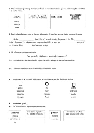 5. Classifica as seguintes palavras quanto ao número de sílabas e quanto à acentuação. Identifica
a sílaba tónica.
palavras
classificação quanto
ao número de sílabas
sílaba tónica
classificação
quanto à
acentuação
coruja
música
redil
6. Completa as lacunas com as formas adequadas dos verbos apresentados entre parênteses.
O cão ________________ (reconhecer) o senhor João, logo que o viu. Ele ___________
(estar) desaparecido há dois anos. Apesar da distância, não se ________________ (esquecer)
um do outro. Eles _________ (ser) sempre amigos.
7. Lê a frase seguinte com atenção.
“Até que enfim há alguém a velar pelo nosso sono!”
7.1. Reescreve a frase substituindo a palavra sublinhada por uma palavra sinónima.
_______________________________________________________________________
7.2. Identifica o determinante possessivo presente na frase.
________________________________________________________________________
8. Assinala com X a coluna onde todas as palavras pertencem à mesma família.
pastor flor jardins
pastoreio florir jardineiro
pastorear florista janela
pastagem flauta jacaré
9. Observa o quadro.
9.1. Lê as indicações e forma palavras novas:
palavras
acrescenta o prefixo -
re- a cada uma delas
palavras
acrescenta o sufixo
-oso- a cada uma delas
mexeu mistério
aproximando saudade
luz
 