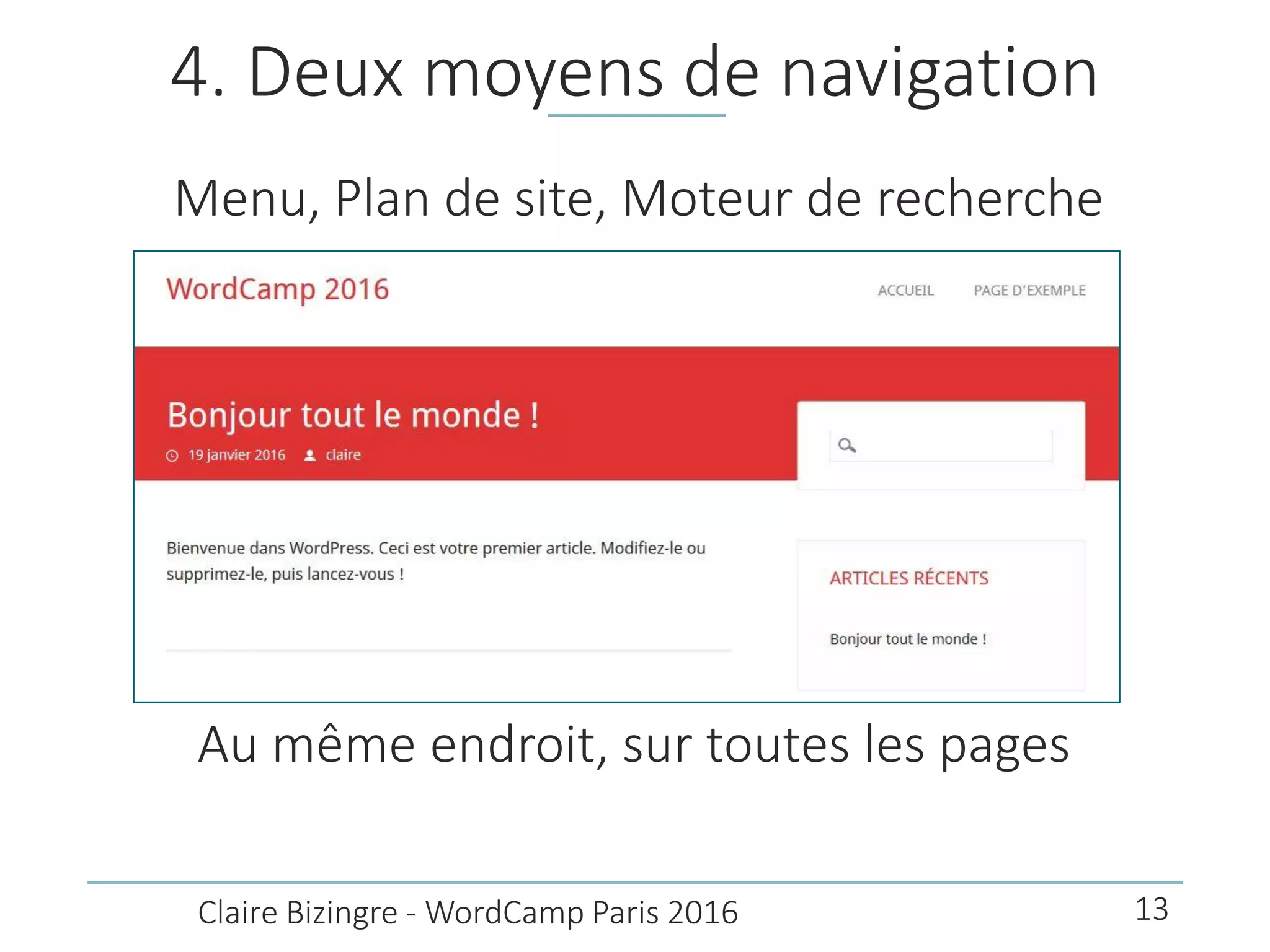 4. Deux moyens de navigation
Menu, Plan de site, Moteur de recherche
Claire Bizingre - WordCamp Paris 2016
Au même endroit, sur toutes les pages
13
 