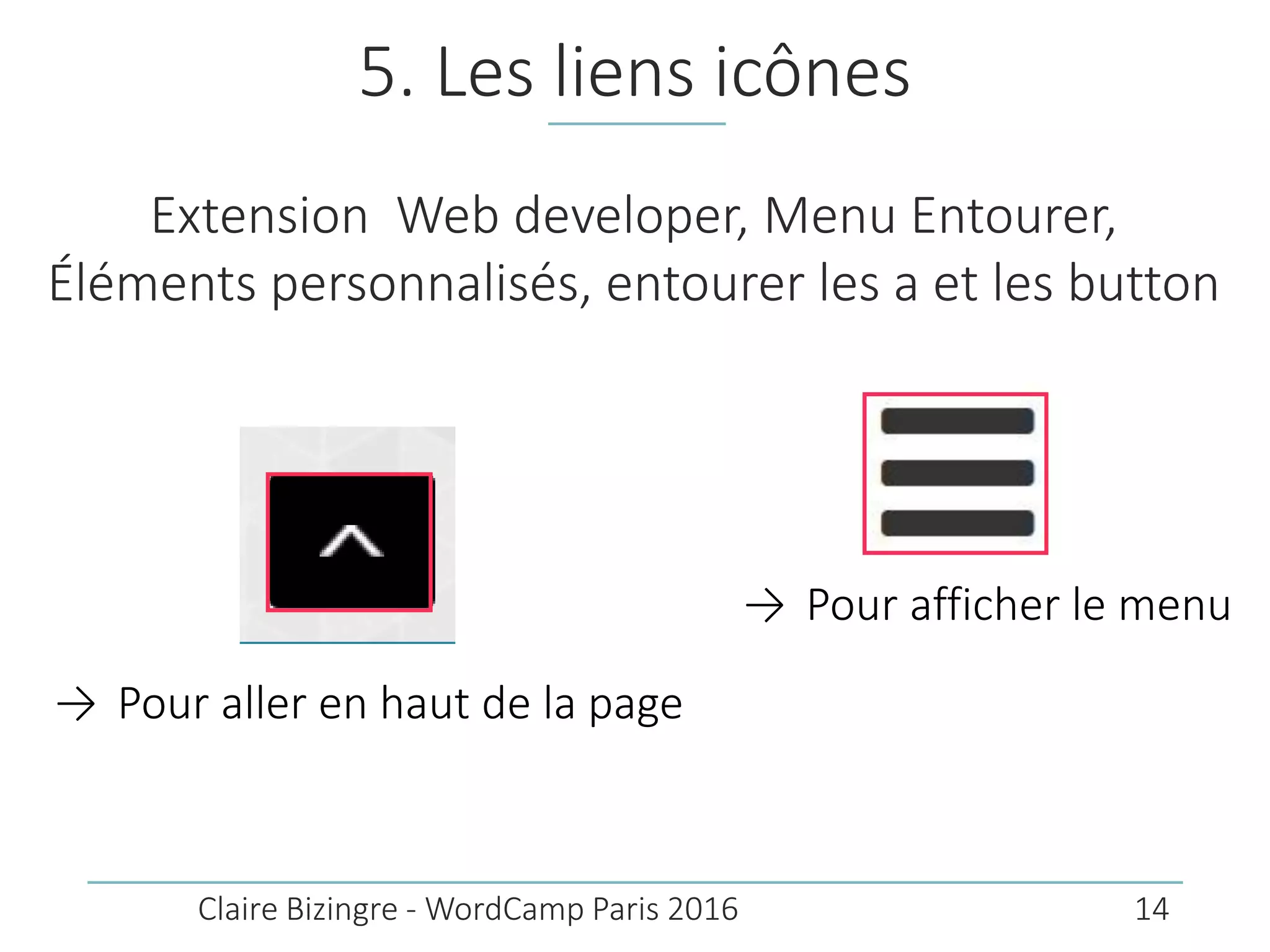 5. Les liens icônes
Extension Web developer, Menu Entourer,
Éléments personnalisés, entourer les a et les button
Claire Bizingre - WordCamp Paris 2016
→ Pour aller en haut de la page
→ Pour afficher le menu
14
 