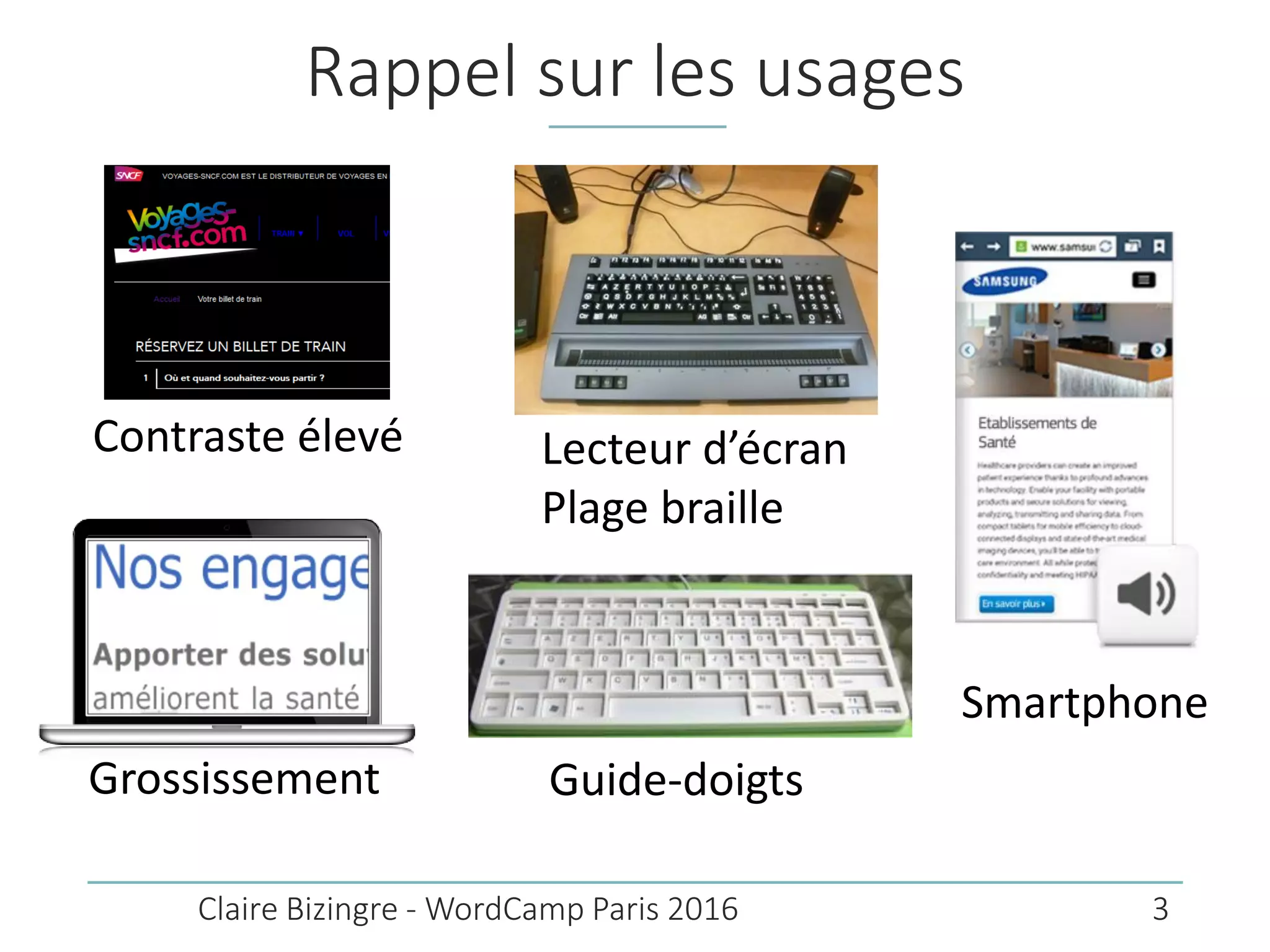 Rappel sur les usages
Claire Bizingre - WordCamp Paris 2016
Contraste élevé
Grossissement Guide-doigts
Lecteur d’écran
Plage braille
Smartphone
3
 